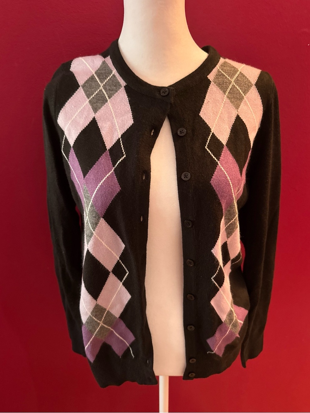 Croft & Barrow Black Button-Up Cardigan with Pink and Purple Argyle Petite